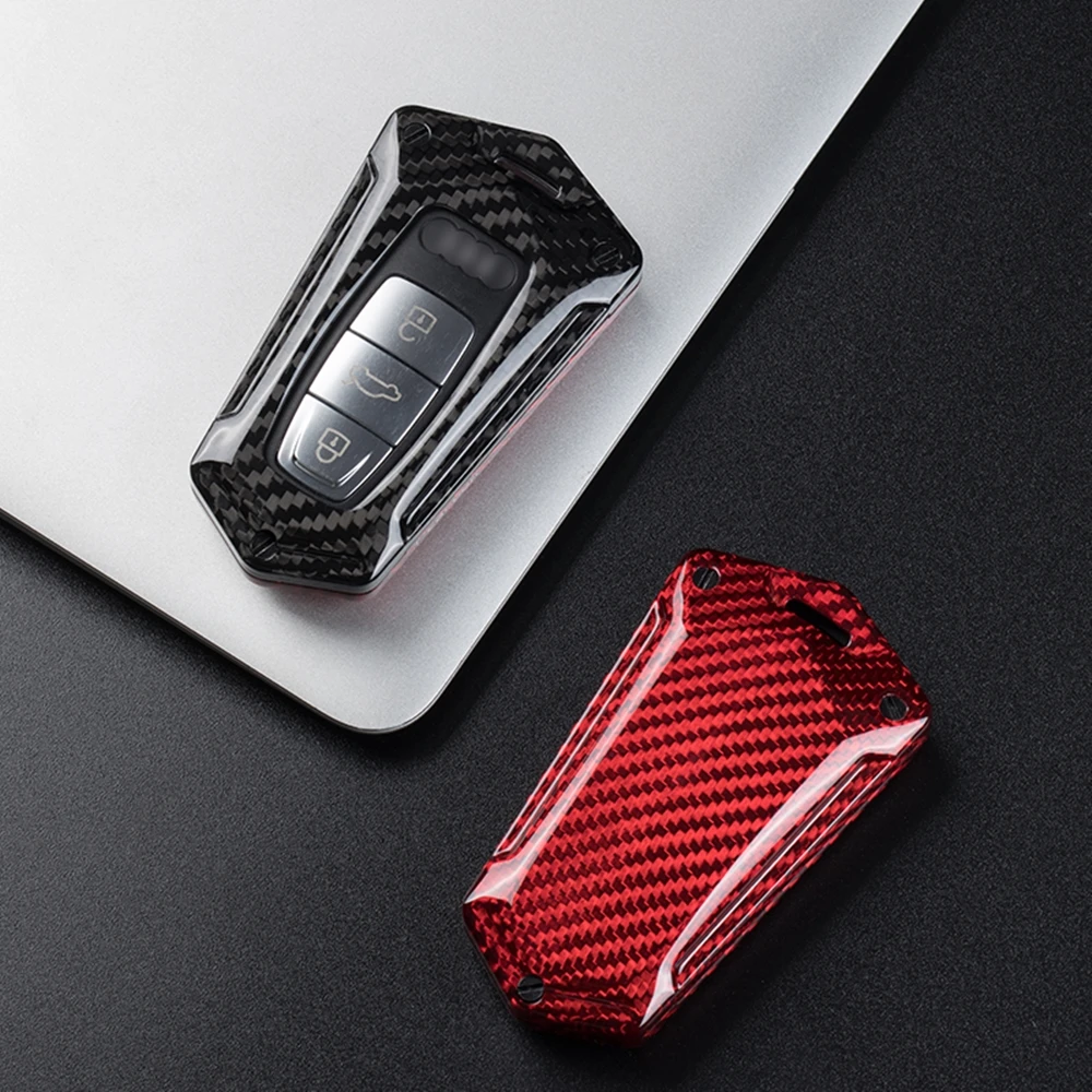 For Audi A6 A7 A8 Q8 2018-2021 Car Remote Smart Key Fob Cover Black/Red/Silver Real Carbon Fiber Keychain Case Shell Holder Trim