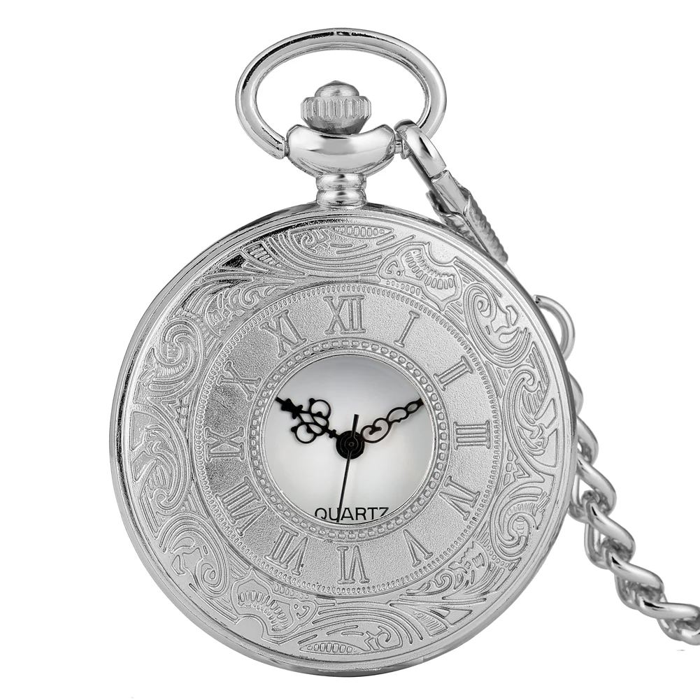 Silver Color Cover Pocket Watch Classic Half-hollow with Roman Numerals Case Pocket Watches Alloy Slim Chain Pendant Watch