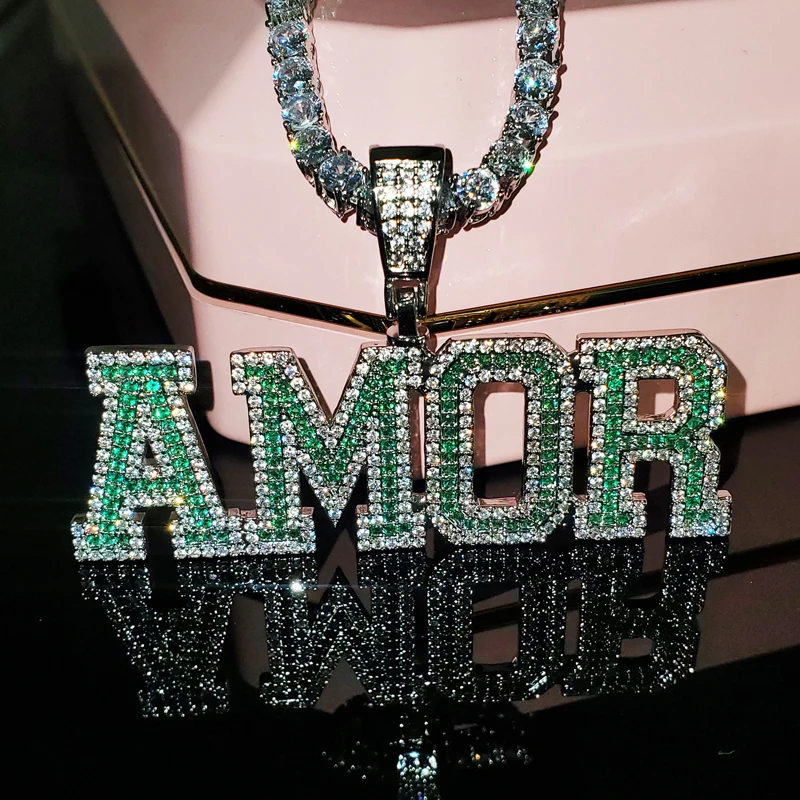 Grandbling Word Necklace Double Colors Varsity Font Letters Custom Name Pendant Iced Out Letters Pendant HIP HOP Necklace