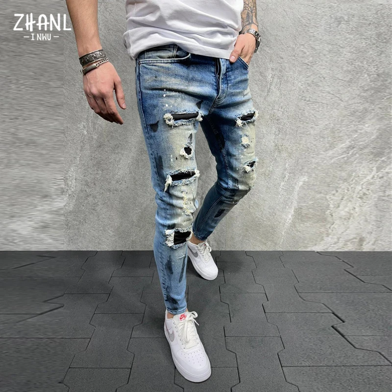 2021 Men Clothing Street Fashion Jeans Skinny Slim fit Ripped Stretch Jeans Man Hole Patchwork Casual Jogging Denim Pencil Pants