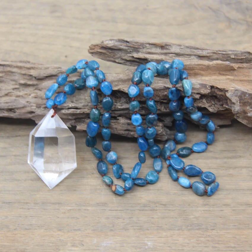 

Natural Crystal Double Point Pendants Yoga Necklace Blue Apatite Nugget Chip Beads Knotted Handmade Women Mala Jewelry,QC0120