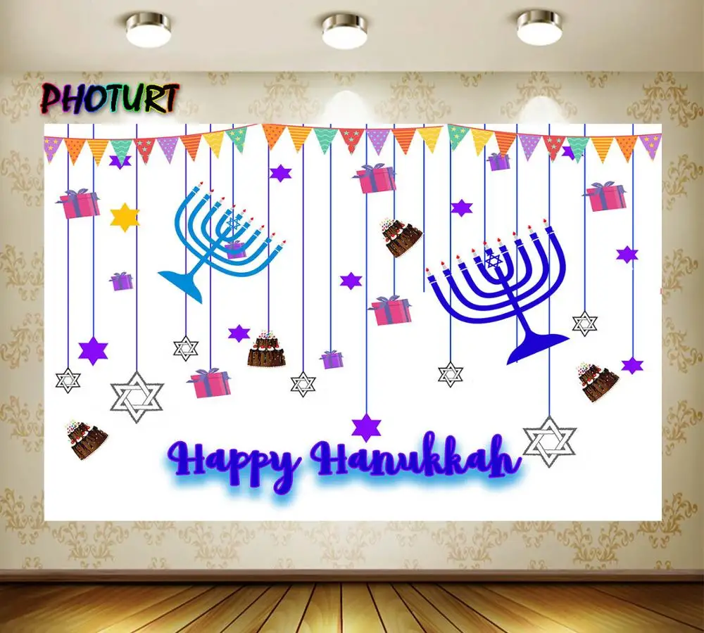 PHOTURT Hanukkah Photography Backdrop Festival Party Background Flag Golden Candle White Vinyl Photo Banner Props