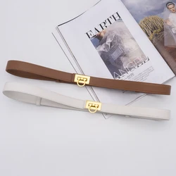 Matte gold buckle simple adjustment cowhide belt women's leather dress fine belt decoration fine waist Seal Brown