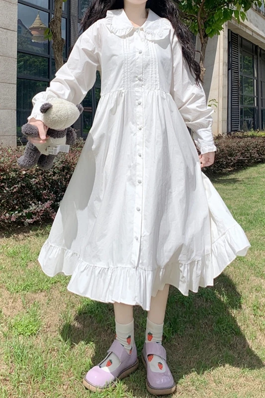 Dress 2020 Autumn Japanese Sweet lolita dess Doll Collar Long Sleeves High Waist All-Matching Ruffled Swing Female White Dress