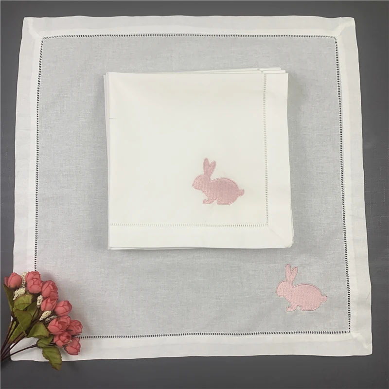 Set of 12 Pink rabbit napkin  Bunny theme birthday or baby gift party White Hemstitch Linen Table Napkins 20