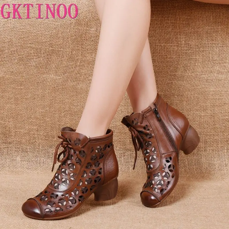 GKTINOO 2024 Summer Ankle Boots Genuine Leather Shoes Women Med High Heel Back Zipper Boots Cutout breathable Mujer Zapatos