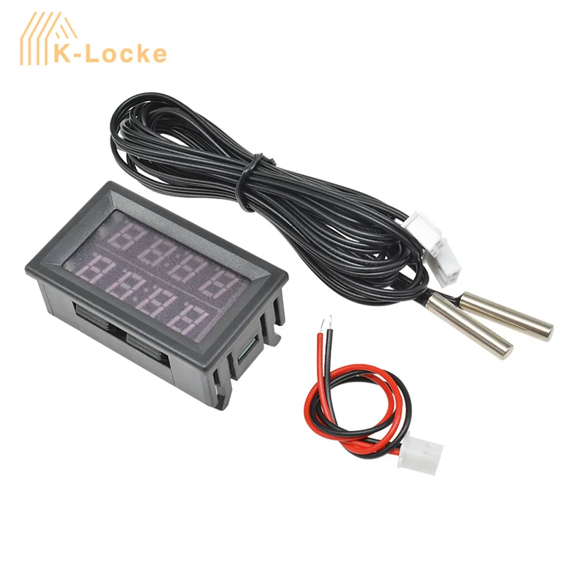 DC4-28V Dual LED Display Digital Thermometer Metal Waterproof Dual Probe Temperature Sensor Meter Detector Tester Monitor