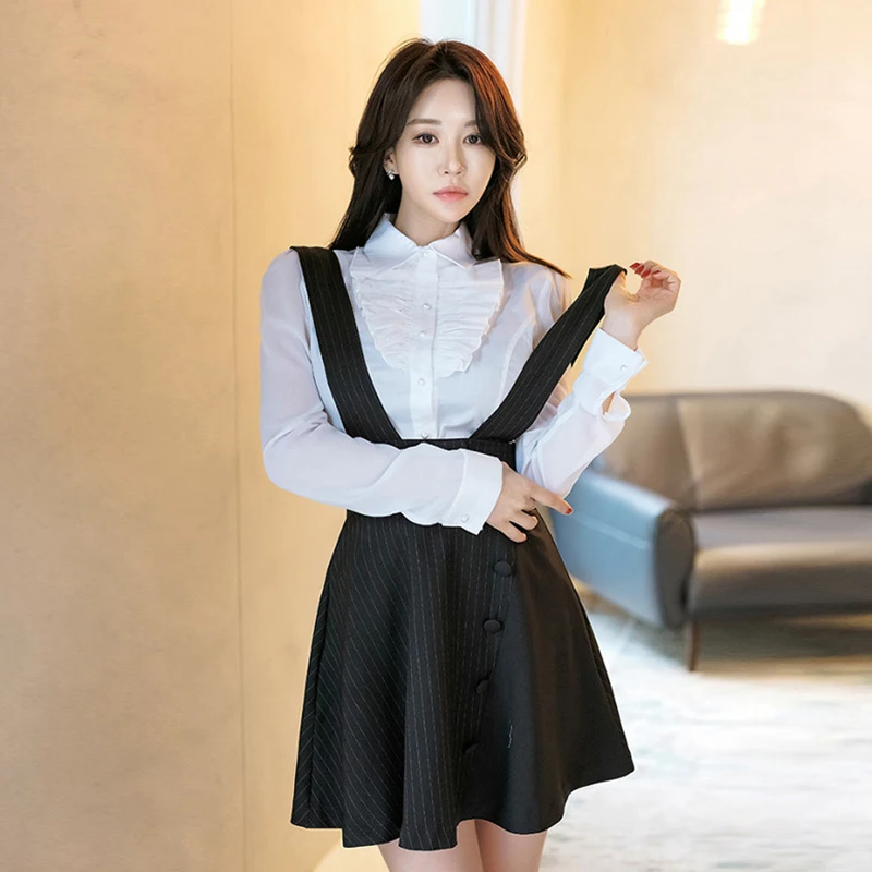 new arrival fashion set women spring OL young casual ladies long sleeve ruffle bow white shirt and striped dress two piece set