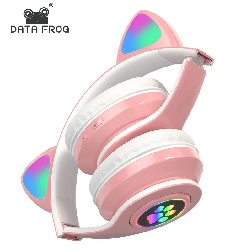 DATA FROG Bluetooth 5.0 Wireless Headphones Cute LED Flash Cat Ears Head-mounted Headset Built in Microphone HiFi Headphones