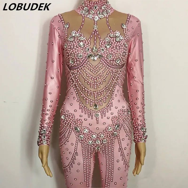 Pink Pearl Crystal Tight Jumpsuit Beading Rhinestone Leotard Women Birthday Prom Luxury Rompers Singer Dancer Sexy Stage Costume
