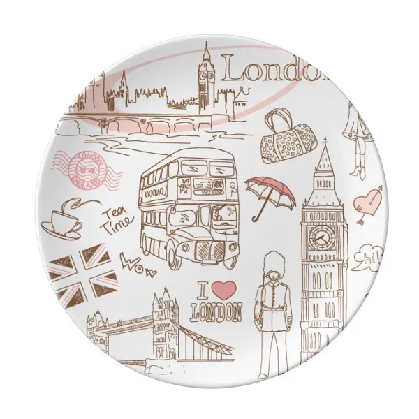 

I Love London Britain Big Ben Bus Dessert Plate Decorative Porcelain 8 inch Dinner Home