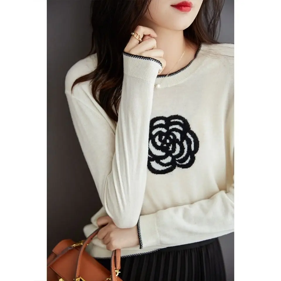 Ladies Knitted Sweater Women Pullovers Embroidery Floral Knit Elasticity Autumn Woman Sweater Girl Soft Slim Fit Knitwear Female