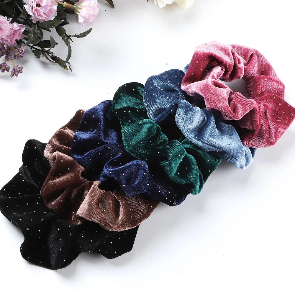 Winter Gold Dot Velvet Soft Scrunchies Elastic Hair band Women Girl Solid High Quality Ponytail Holder Hair Ties Accessories Set