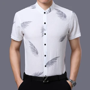 Мужская льняная хлопковая рубашка, летняя одежда с принтом, мужская повседневная рубашка с коротким рукавом и воротником-стойкой, бесплатная доставка