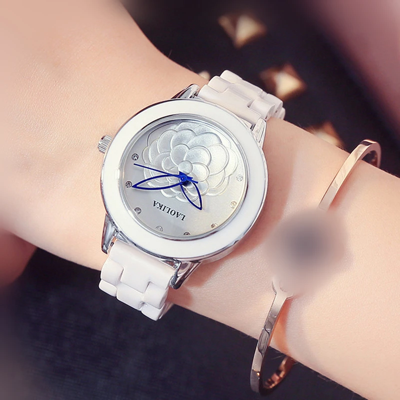 Bracelet Clasp Fashion & Casual Gift Quartz Watch Trend Ladies Ceramics Petal pattern Golden pointer Wrist Watches for Women