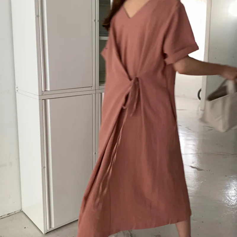 2020 Women Summer Beige Cotton and Linen V Neck Lacing Up Long Loose Dress Straight Cozy Casual Midi Sundress