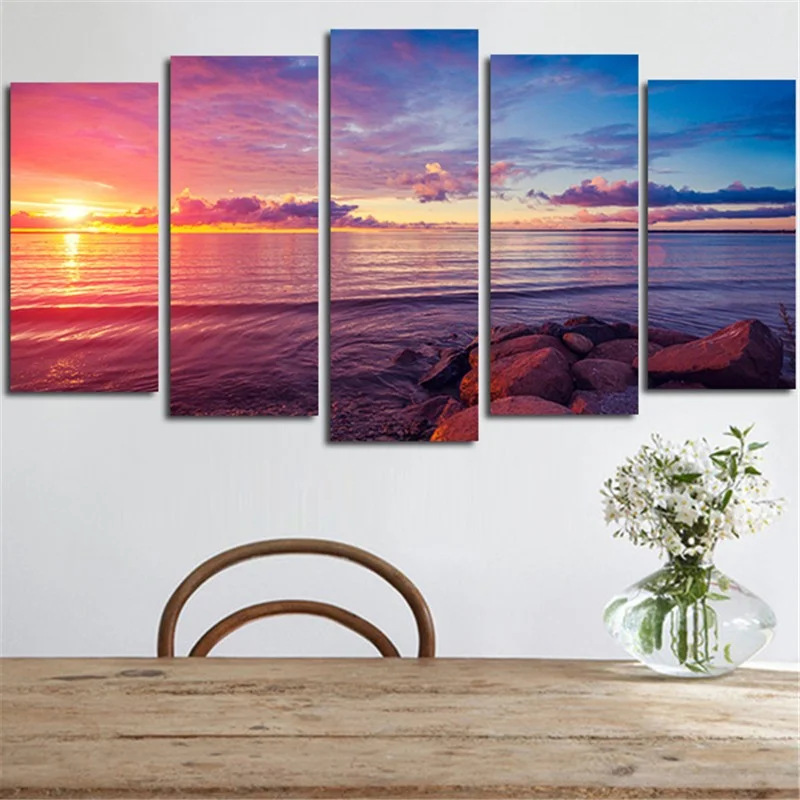 

5 Pieces Wall Art Canvas Paintings Modular Tableau Picture Stone Island Sunset Modern Living Room Print Home Decor