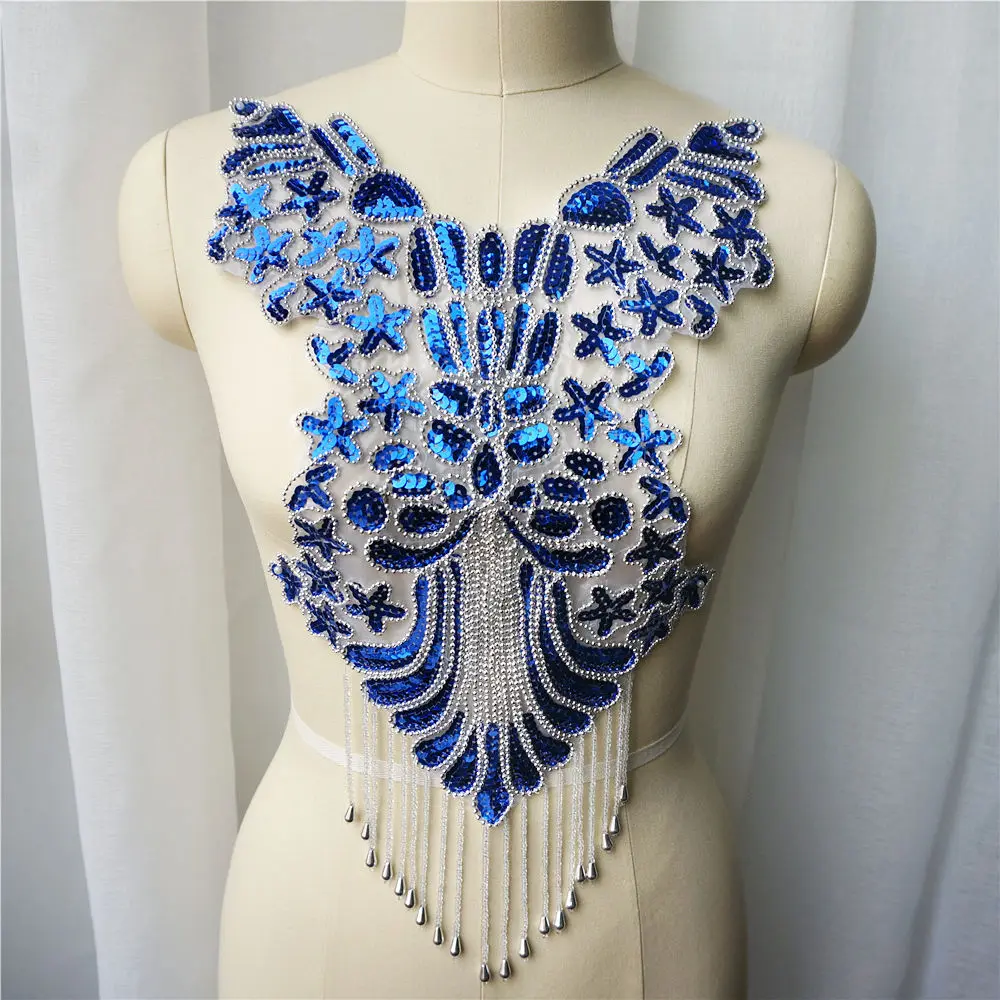 Royal Blue Sequin Lace Fabric Beads Tassel Wedding Gown Appliques Collar Baroque Embroidery Sew Patch For Dress DIY Decoration