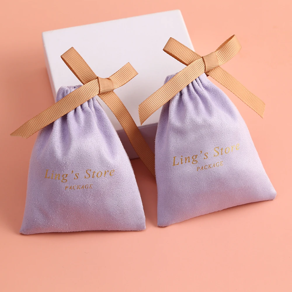 100 Personalized Custom Logo Light Purple Jewelry Packaging Pouches Wedding Party Drawstring Storage Bags