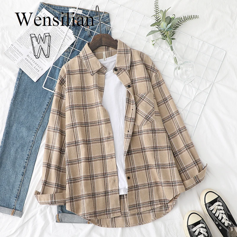 Plaid Shirts Womens Blouses And Tops Long Sleeve Female Casual Print Shirts Loose Cotton Checked Outwear Lady Spring Clothing