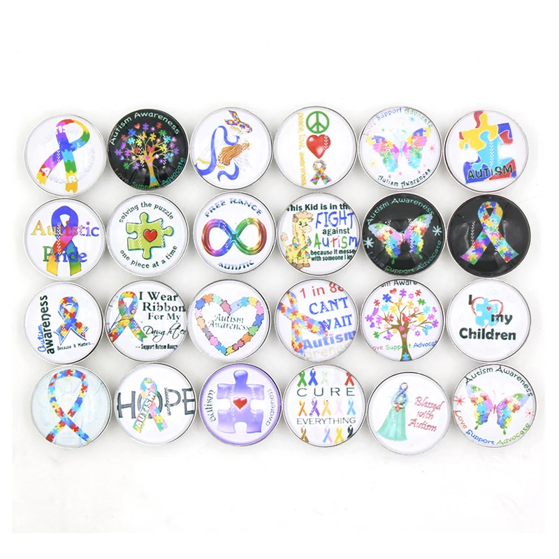 

24pcs Chunky Awareness Puzzle Autism Ribbon Snaps Interchangeable 18mm Snap Jewelry Glass Button for DIY Bracelet Jewelry Bijoux