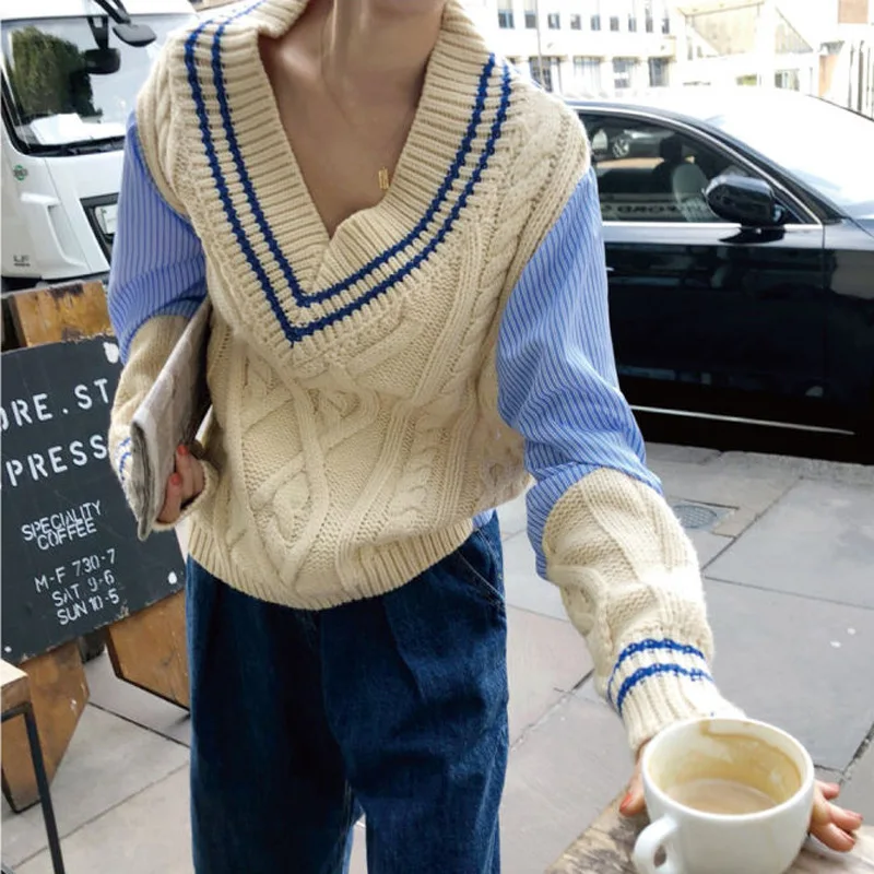 Wanita Kebesaran Pullover Sweater Patchwork V-Leher Lengan Panjang Longgar Rajutan Pullover Sweater Musim Gugur Musim Semi 2021