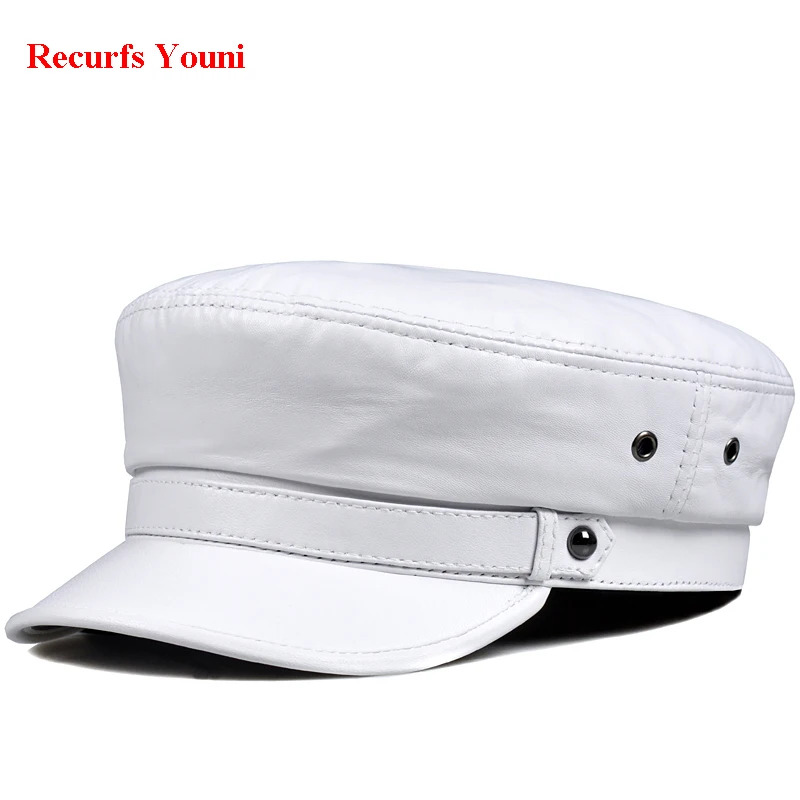 Winter Warm Korean Style Unisex Genuine Leather Hat For Men Women White/Red Casual Flat-top Navy Caps Student Bonnet Streetwear