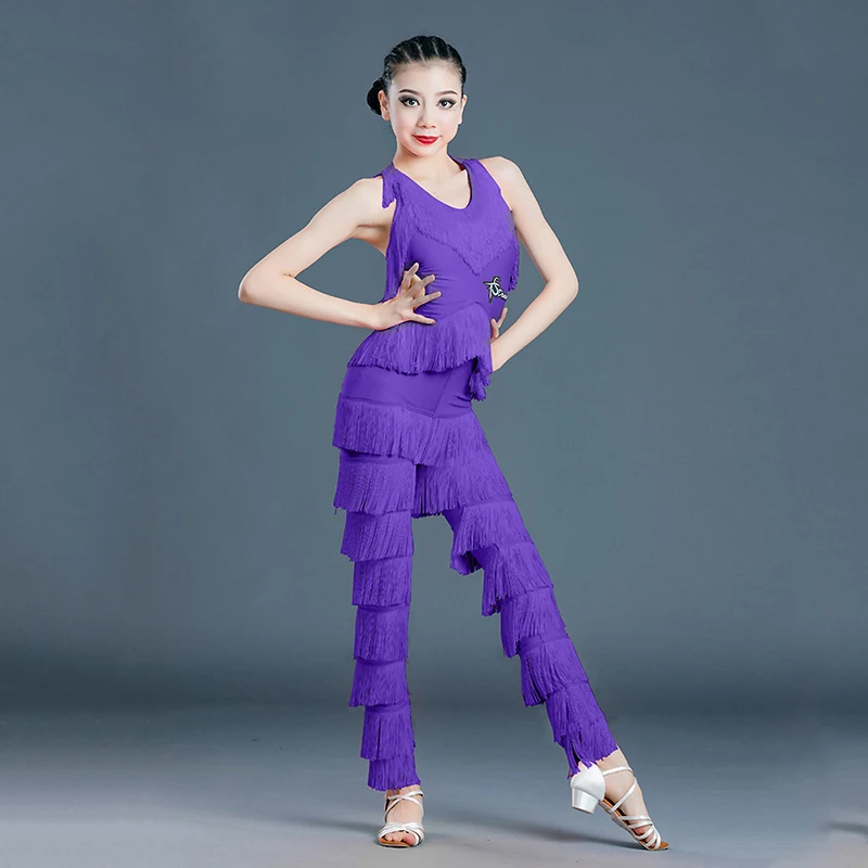 New Latin Dance Dress Girls Clothes Dance Performance Suit Children Fringe Jumpsuit Women Sleeveless Tassel Latin Pants BL3472