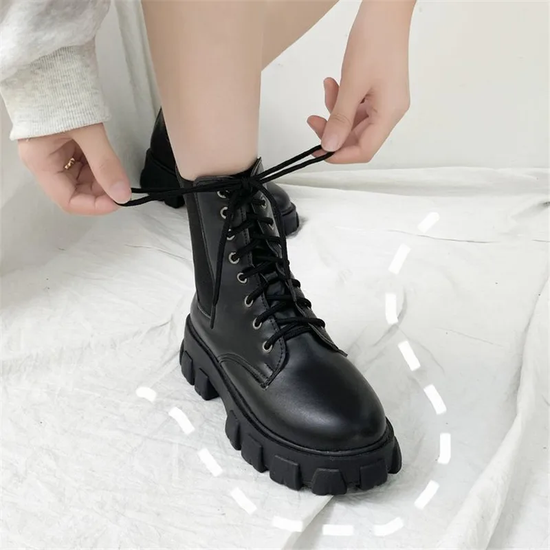 Boots Women Motorcycle Shoes Platforms Women Boots Wedges Female Lace Up Platforms Leather Oxford Shoes Woman High Heels