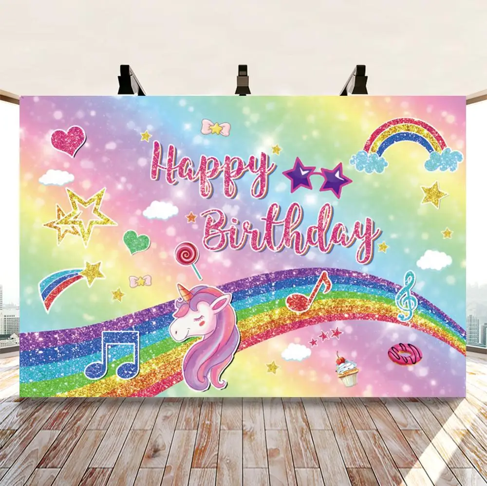 Радуга Единорог звезда облако музыкальный торт пончики новорожденный день рождения фон фотография фон виниловый Фотофон реквизит