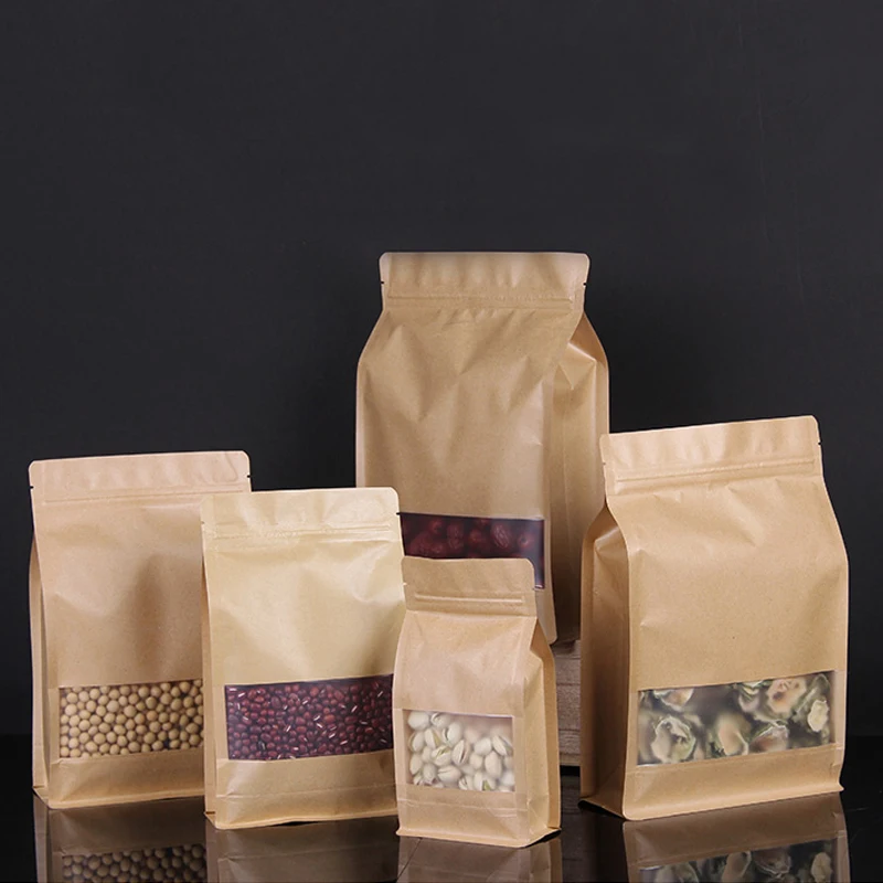 Kraft Paper Packaging Bag Octahedral Sealed  Windowed Nut Cereal Best Selling Custom