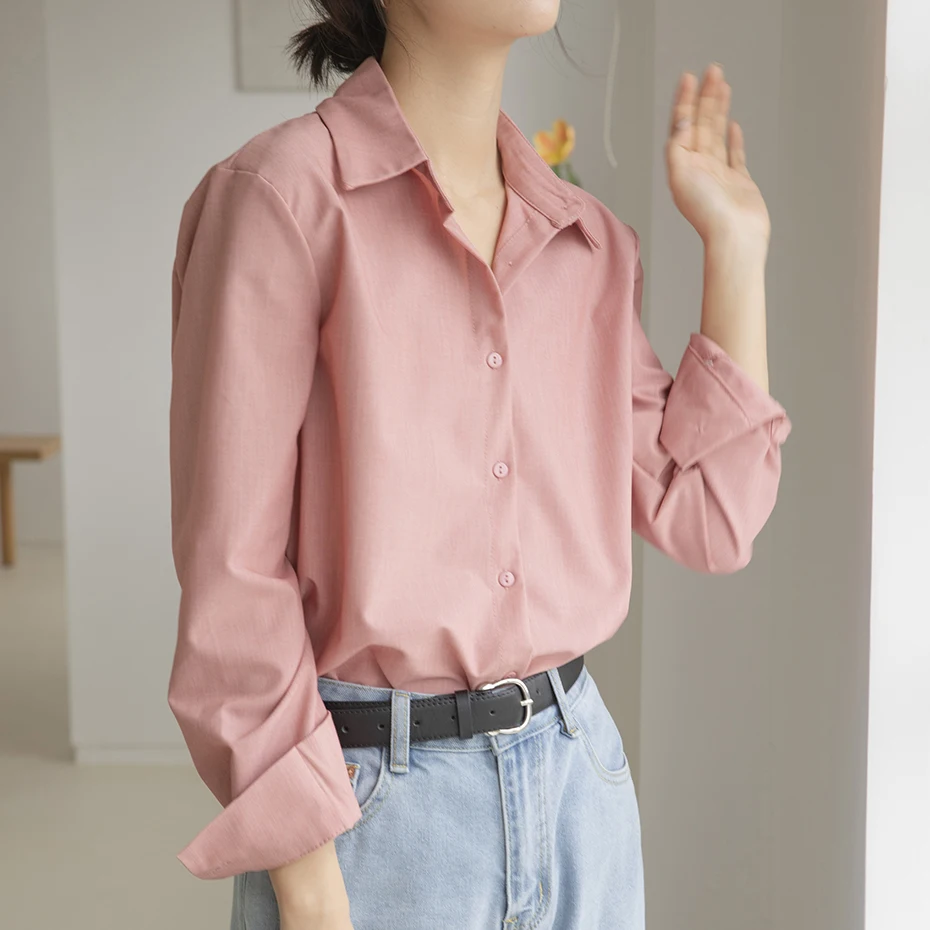 QOERLIN High Quality Office Style Elegant White Blouse Women Pink Shirt Turn-Down Collar Single-Breasted Long Sleeve Shirts S-XL