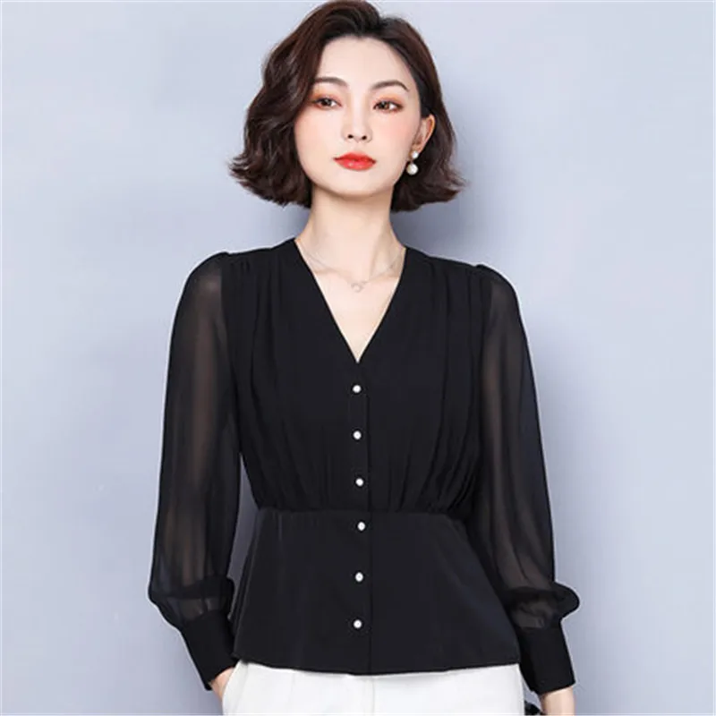 

Spring Autumn black Chiffon Shirt 2022 New Women's Clothing Long-sleeved V-neck Lace Shirts elegant ladies Blouse Tops m366