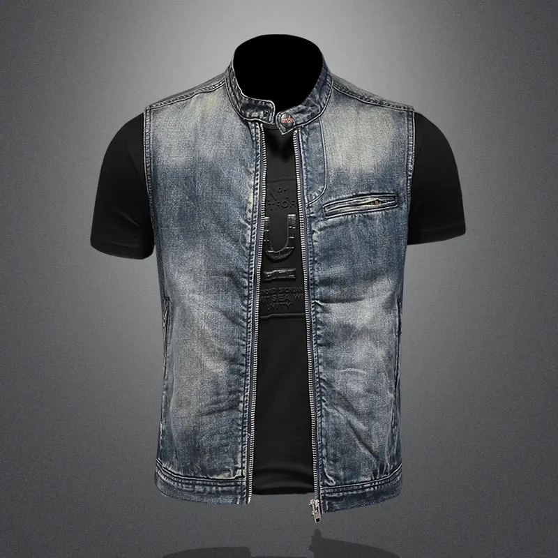 Spring Retro Jean Jacket Men's Denim Vest Coats Blue Slim Stand Collar zipper Sleeveless Motorcycle Waistcoat Cowboy Brand