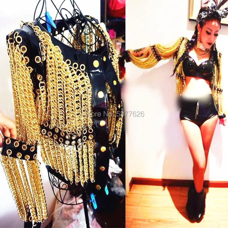 Women Sexy Gold Chains Costume Outfit Stage Performance bar Nightclub show Bra Chains Short coat nightclub stage dance wear