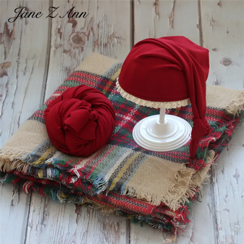 New arrival  Newborn Photography Clothing Christmas 3pcs Photography set Hat + Wrap + plaid Blanket Set  red green 2 colors