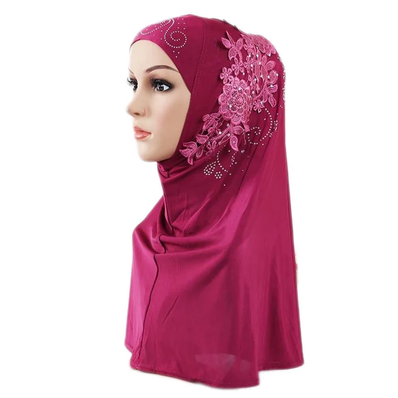 Malaysia Women Girls Flower Hijab Instant Scarf Muslim Diamonds Headscarf Turban One Piece Amira Wrap Rull On Ready Made Shawls