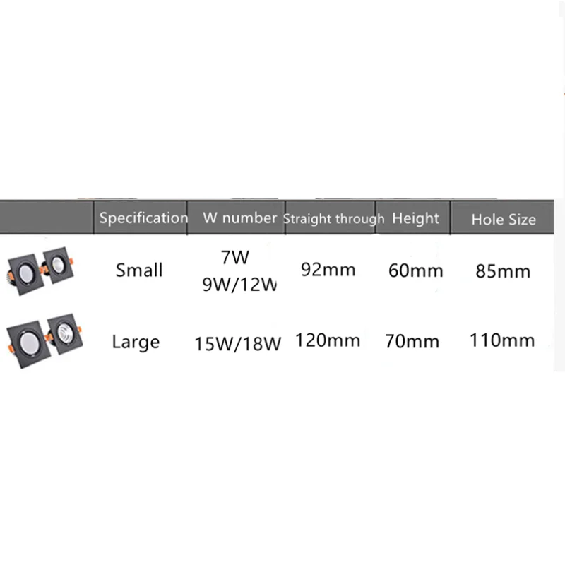 7w 9w 12w 15w18w AC110-220V LED lampy punktowe oświetlenie wewnętrzne 4 rodzaje kwadratowe sufitowe z możliwością przyciemniania wpuszczane LED