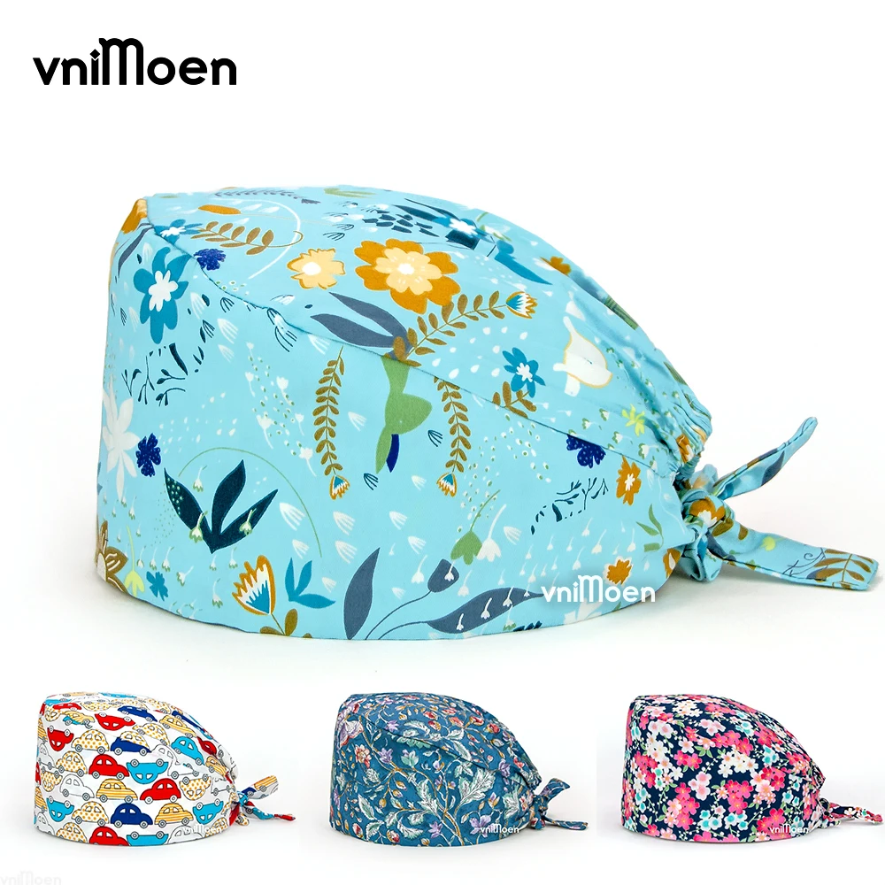 vnimoen hot sale Unisex cotton Cartoon print hats adjustable Scrub hat beauty salon cap laboratory pet shop Scrub Cap Dust cap