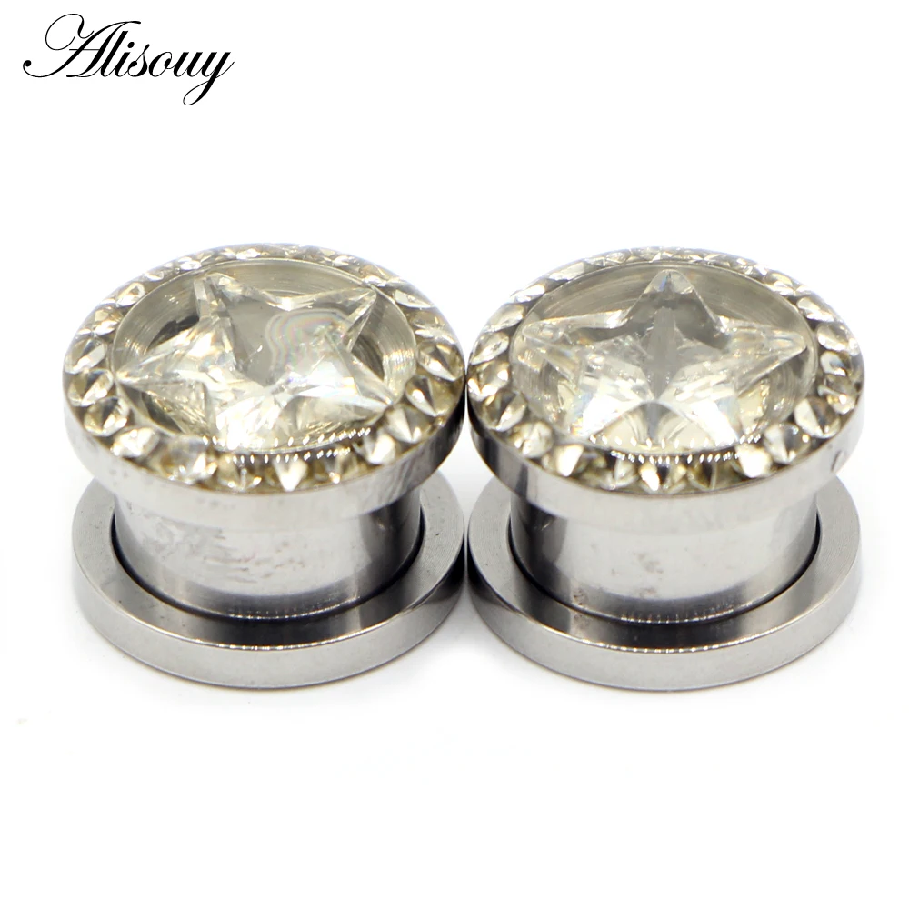 Alisouy 2pcs Pentagram Stainless Steel Double Flared CZ Star Ear Tunnel Flesh Plugs Orelha Gauges Earrings Body Piercing Jewelry