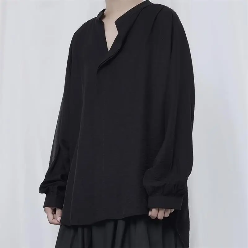 Men's Long Sleeve Shirt Spring And Autumn New Set Head Stand V Collar Design Dark Department Loose Large Size Boutique Shirt