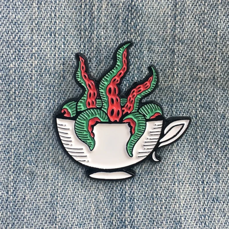 Creative Coffee Cup Succulents Sea Monster Octopus Hard Enamel Badge Brooch Hat Backpack Lapel Pin Party Gift Jewelry Brooch