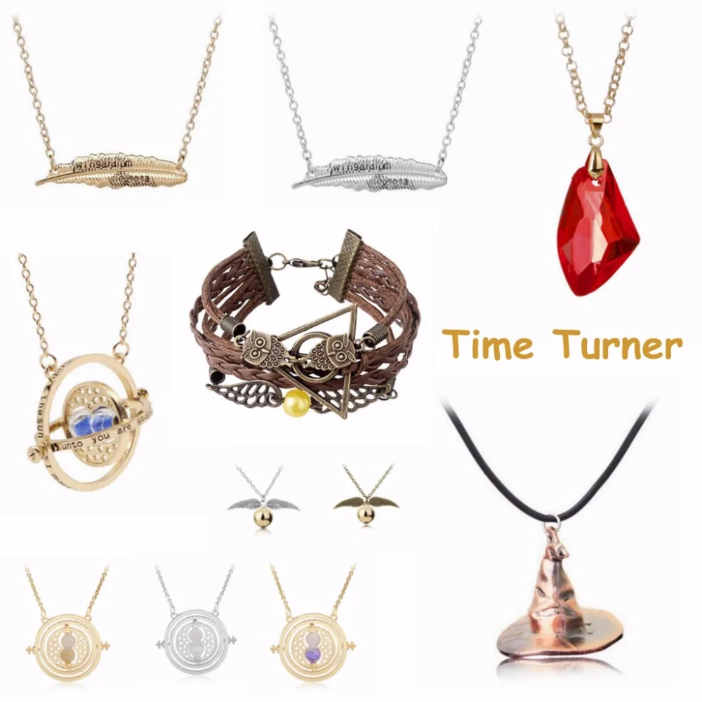 2022 Harri Potter Time Turner Hourglass Necklace Magic Wand Necklace Hermione Red Stone Golden Snitch Death Hallow Bracelet Toys