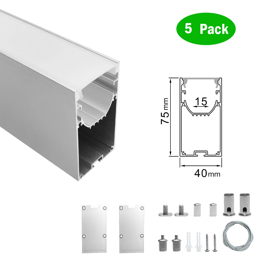 

5 Pack 1M (3.3FT) H4075mm LED Aluminum Channel Kit Silver Profile for Suspension Mounting Linear Office Lighting System