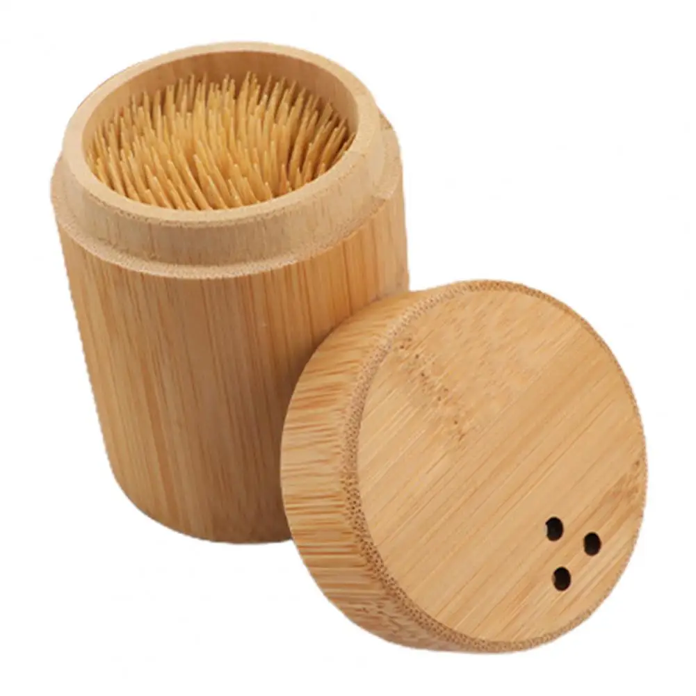 Toothpick Storage Box Portable Dustproof Bamboo Large Capacity Round Tooth Pick Holder Dispenser for Hotel