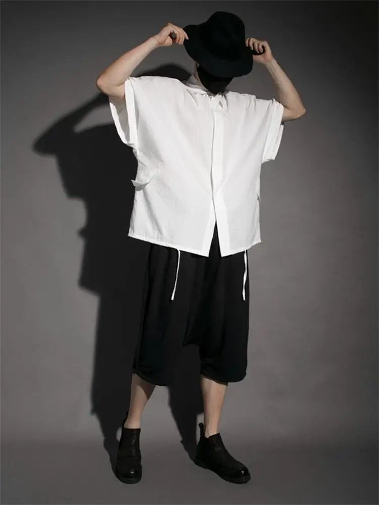 Men's Short Sleeve Shirt Summer New Style Personality Off Shoulder Fold Design Yamamoto Casual Loose Oversized Shirt
