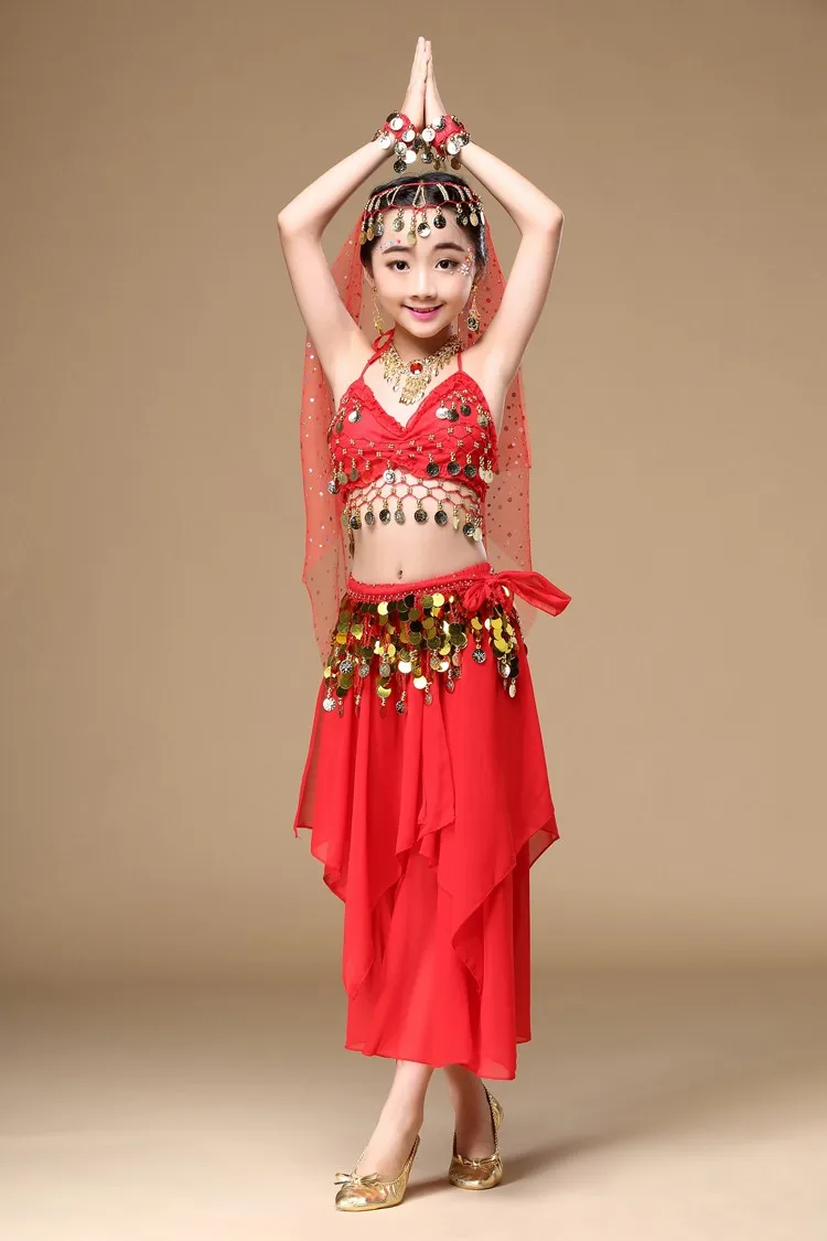 Costumes de danse du ventre pour filles, jupe de danse sur scène indienne, ensemble de vêtements pour enfants Bollywood, 4 pièces