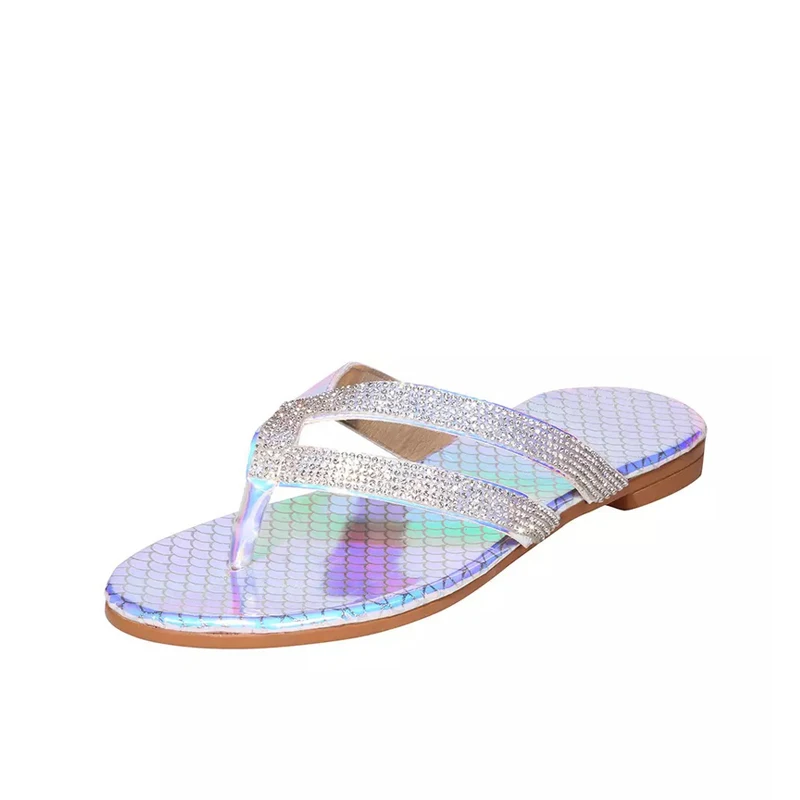 Women Summer Beach Swimming Pool Flat Thong Sandal Flip Flops With Rhinestone Serpentine and  Colorful Gradient