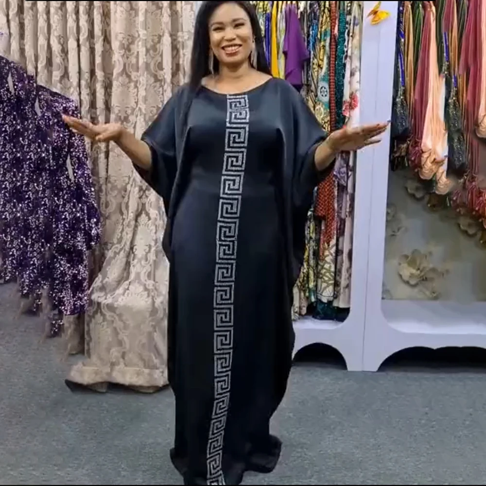 African Design Dashiki Dress Silk Beading Abaya Maxi Bazin Vintage Long Sleeve Robe Gowns Africa Sexy Lady Party