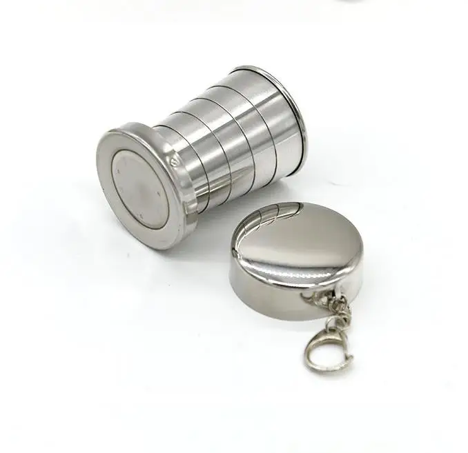 100pcs/lot 70ML Stainless Steel Portable Folding Telescopic Collapsible Outdoor Travel Cup Mug Keychain Hiking SN1653